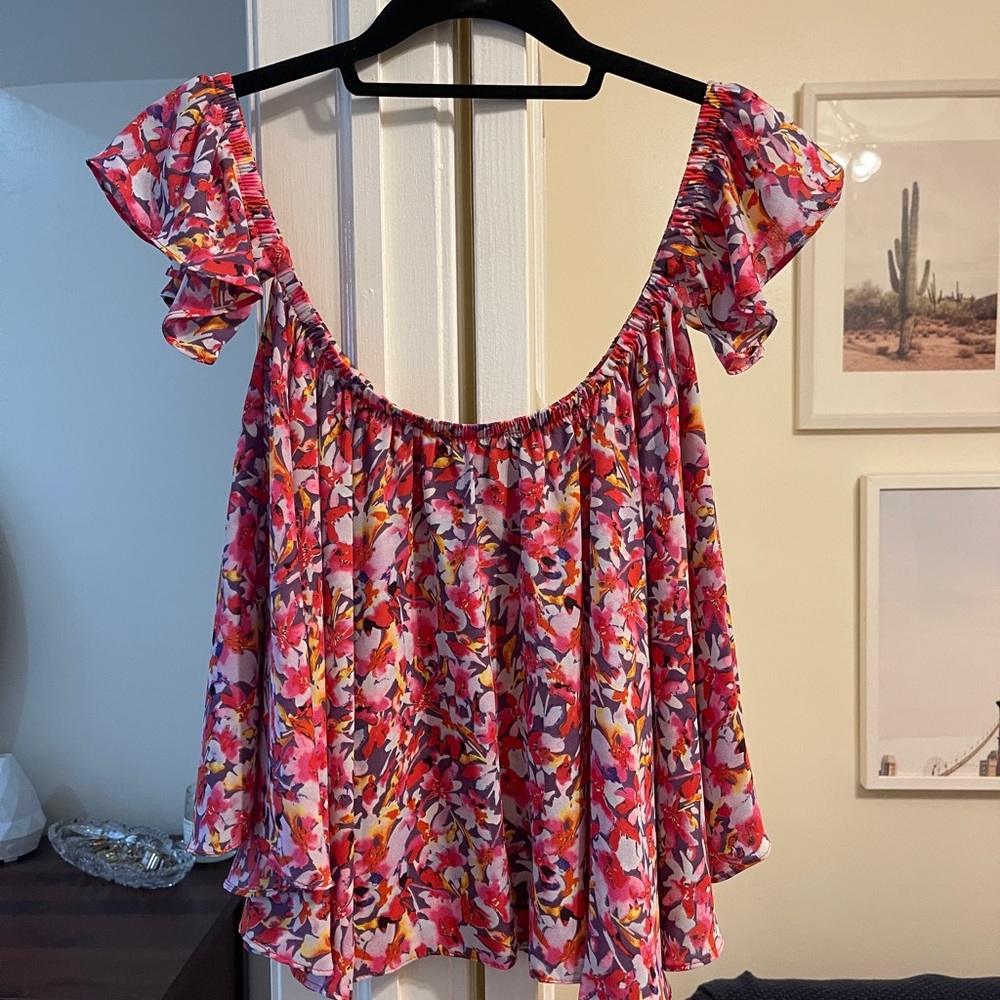 Aqua Off Shoulder Pink Print Top
